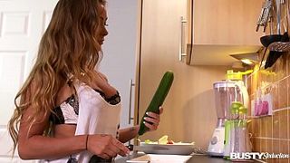 Busty seduction in kitchen makes Amanda Rendall fill her pink with veggies