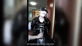 Chinese Slave in Shiny PVC Clothes Bound and Tape Gagged Edging Cum Control