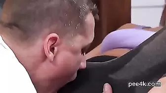 Ravishing centerfold gets her tight pussy total of warm pee and squirts