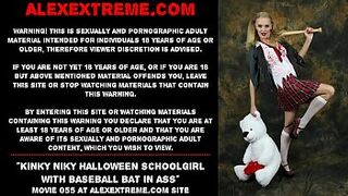 Nasty Niky Halloween schoolgirl with baseball bat in booty