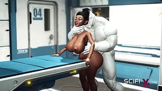 A cute fresh busty african has hard anal sex with sex robot in the medbay