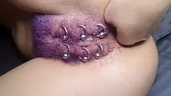 Purple Colored Hairy Pierced Cunt Get Anal Fisting Squirt