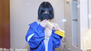 Asian sanitation worker uniform - foreign object penetration at work, uncontrolled cumming