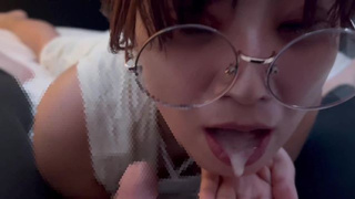 Bitch with glasses doing a oral sex while making erotic sounds and getting a lot of cum
